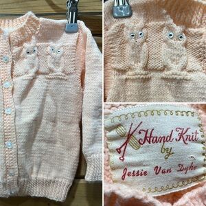 Vintage Hand Knit Baby Cardigan Sweater Peach Owl Design 6–9M